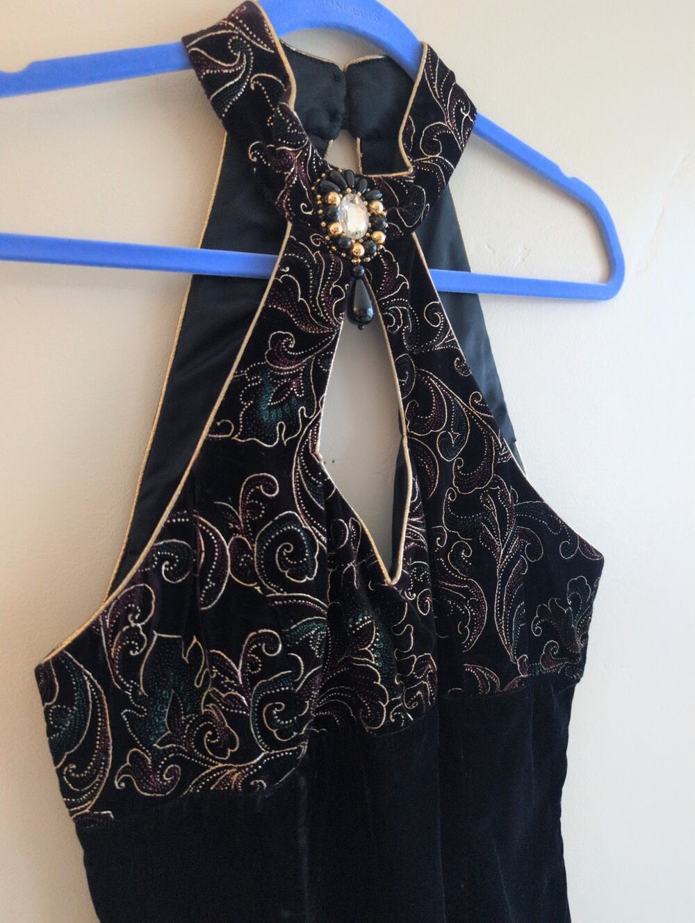 Vintage 80's / 90's Gunne Sax Halter Leaf Print Velvet Gold Trim Dress Sz 11/12